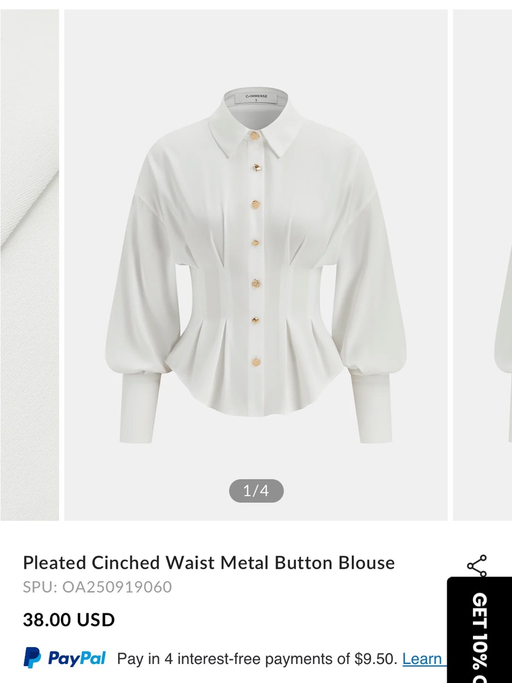 Commense White Pleated Cinch-Waist Blouse with Gold Buttons